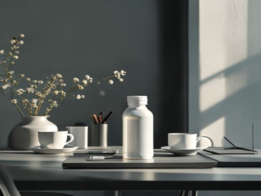 Sunlit workspace with water bottle and clock showing morning time