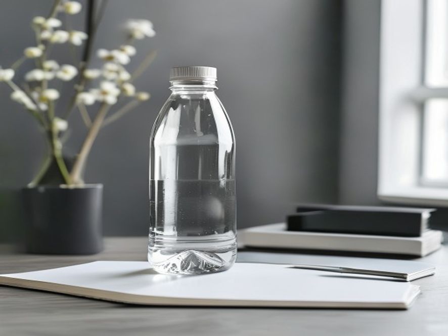 Water bottle with desk supplies and notebook in afternoon light