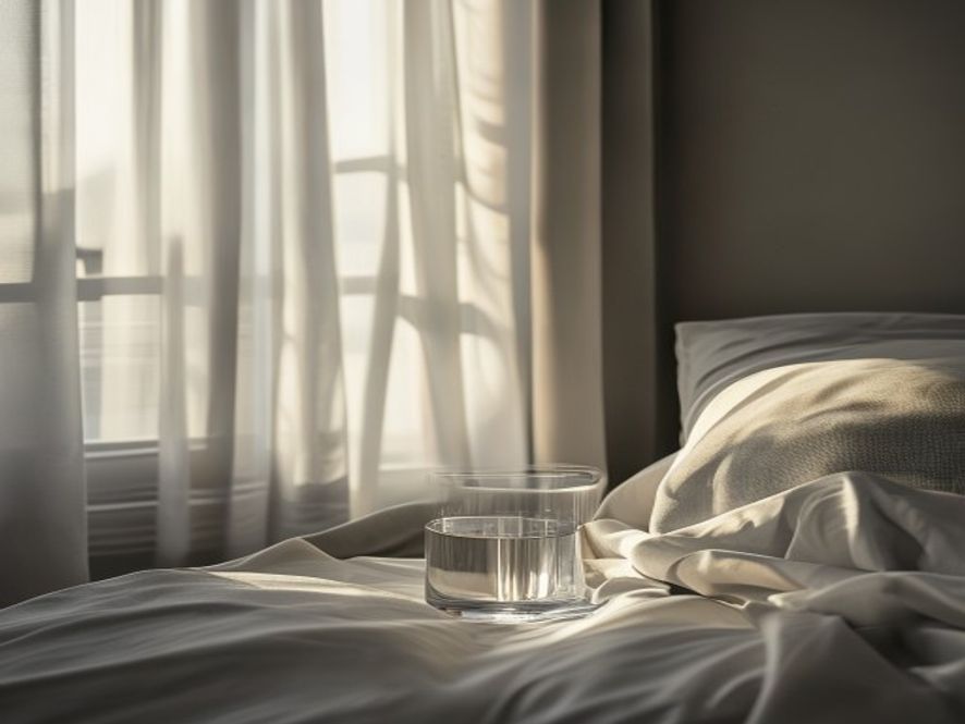 Glass of fresh water with morning light on a bedside table