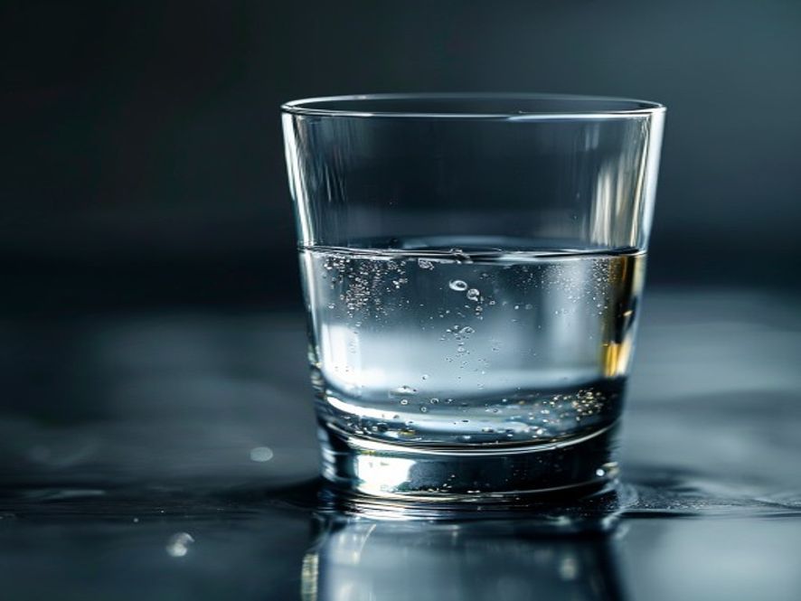 Clear glass of water with water droplets and light refraction